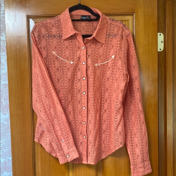 Coral Lace Button-Up Shirt - Picture 1 of 8